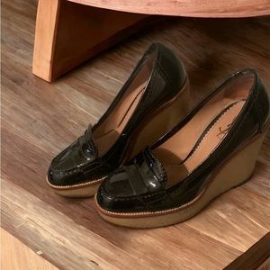 Yves Saint Laurent black patent loafer wedges